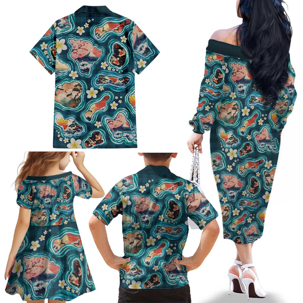 Hawaiian and Japanese Culture Together Family Matching Off The Shoulder Long Sleeve Dress and Hawaiian Shirt Hawaiian Island Shapes with Japanese Landscape Teal Color