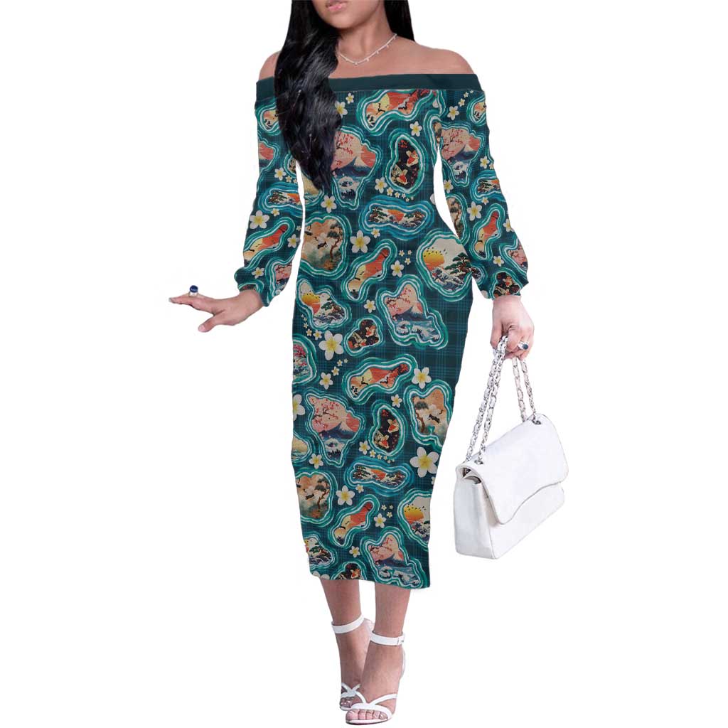 Hawaiian and Japanese Culture Together Family Matching Off The Shoulder Long Sleeve Dress and Hawaiian Shirt Hawaiian Island Shapes with Japanese Landscape Teal Color