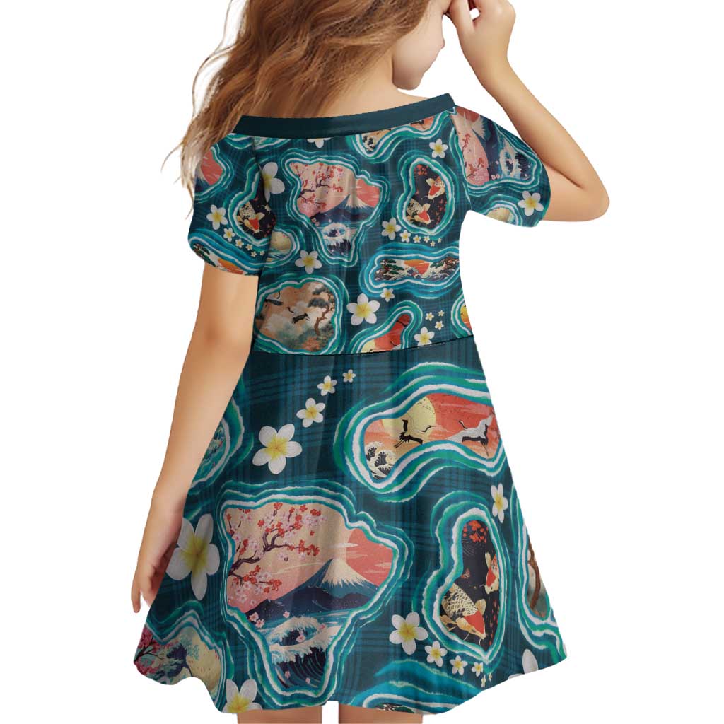 Hawaiian and Japanese Culture Together Family Matching Off Shoulder Maxi Dress and Hawaiian Shirt Hawaiian Island Shapes with Japanese Landscape Teal Color