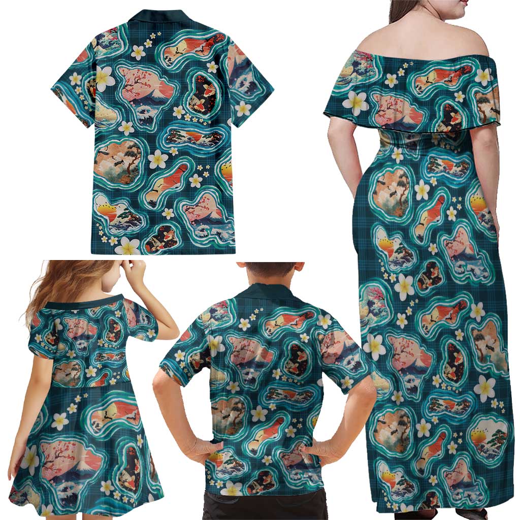 Hawaiian and Japanese Culture Together Family Matching Off Shoulder Maxi Dress and Hawaiian Shirt Hawaiian Island Shapes with Japanese Landscape Teal Color