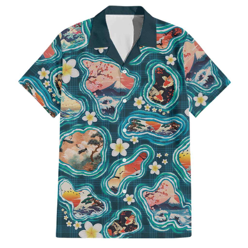 Hawaiian and Japanese Culture Together Family Matching Off Shoulder Maxi Dress and Hawaiian Shirt Hawaiian Island Shapes with Japanese Landscape Teal Color
