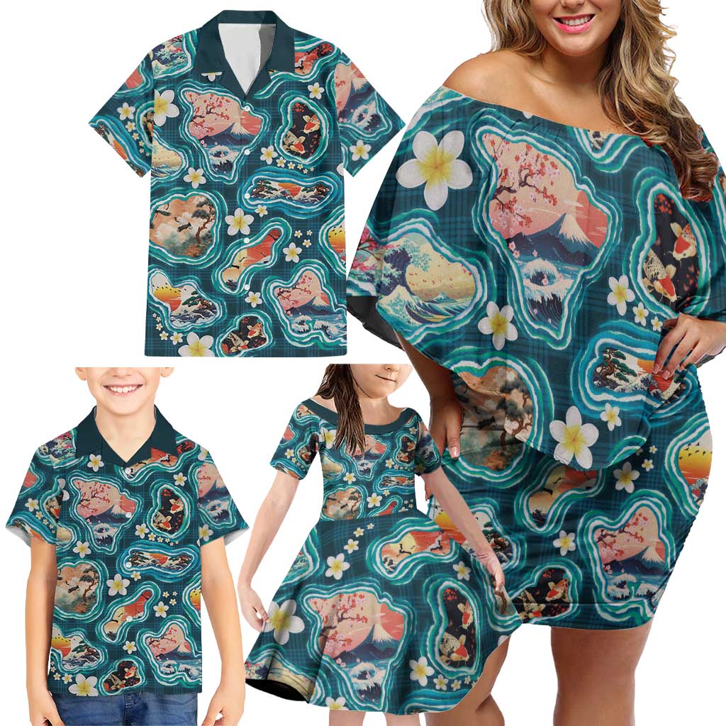 Hawaiian and Japanese Culture Together Family Matching Off Shoulder Short Dress and Hawaiian Shirt Hawaiian Island Shapes with Japanese Landscape Teal Color