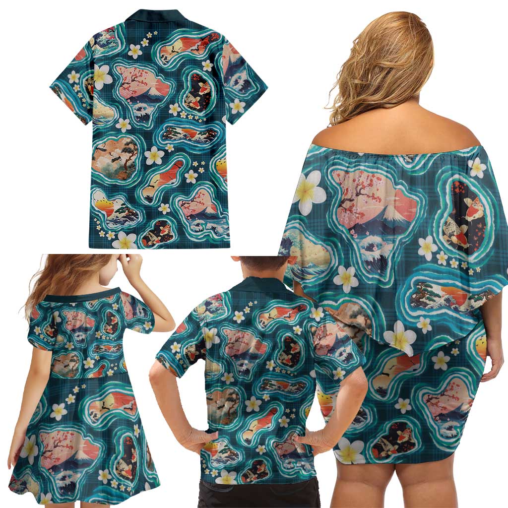 Hawaiian and Japanese Culture Together Family Matching Off Shoulder Short Dress and Hawaiian Shirt Hawaiian Island Shapes with Japanese Landscape Teal Color