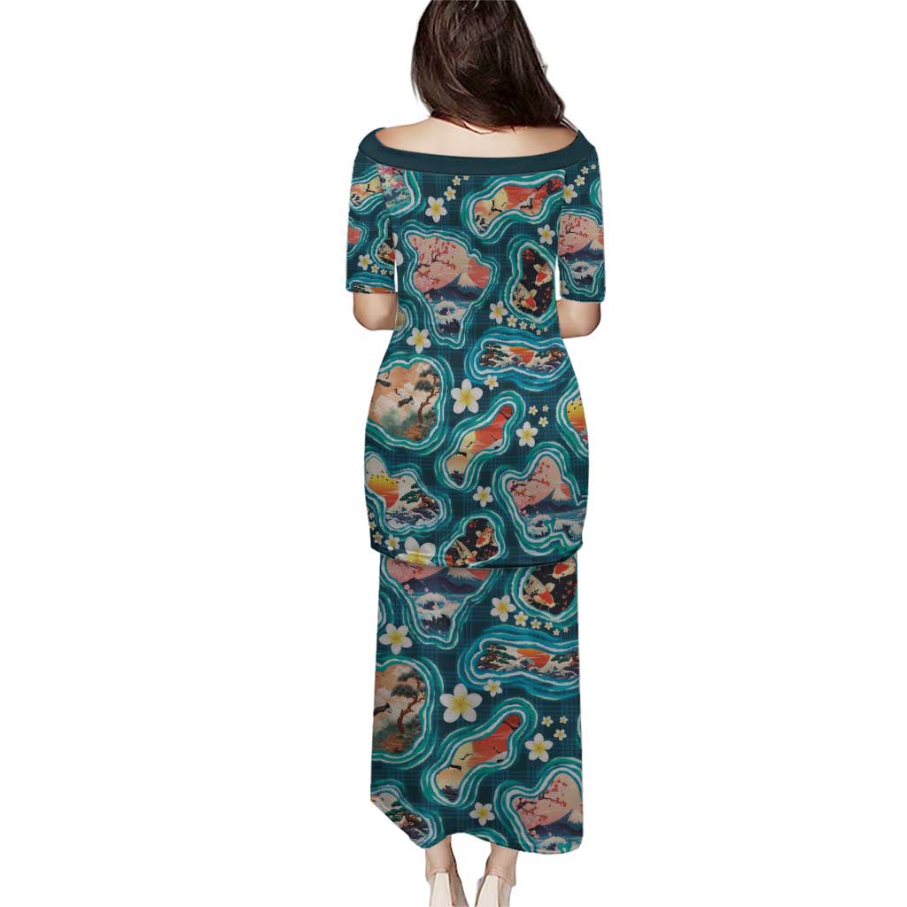 Hawaiian and Japanese Culture Together Family Matching Puletasi and Hawaiian Shirt Hawaiian Island Shapes with Japanese Landscape Teal Color