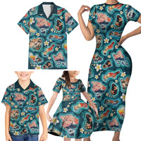 Hawaiian and Japanese Culture Together Family Matching Short Sleeve Bodycon Dress and Hawaiian Shirt Hawaiian Island Shapes with Japanese Landscape Teal Color
