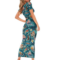 Hawaiian and Japanese Culture Together Family Matching Short Sleeve Bodycon Dress and Hawaiian Shirt Hawaiian Island Shapes with Japanese Landscape Teal Color