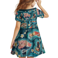 Hawaiian and Japanese Culture Together Family Matching Summer Maxi Dress and Hawaiian Shirt Hawaiian Island Shapes with Japanese Landscape Teal Color