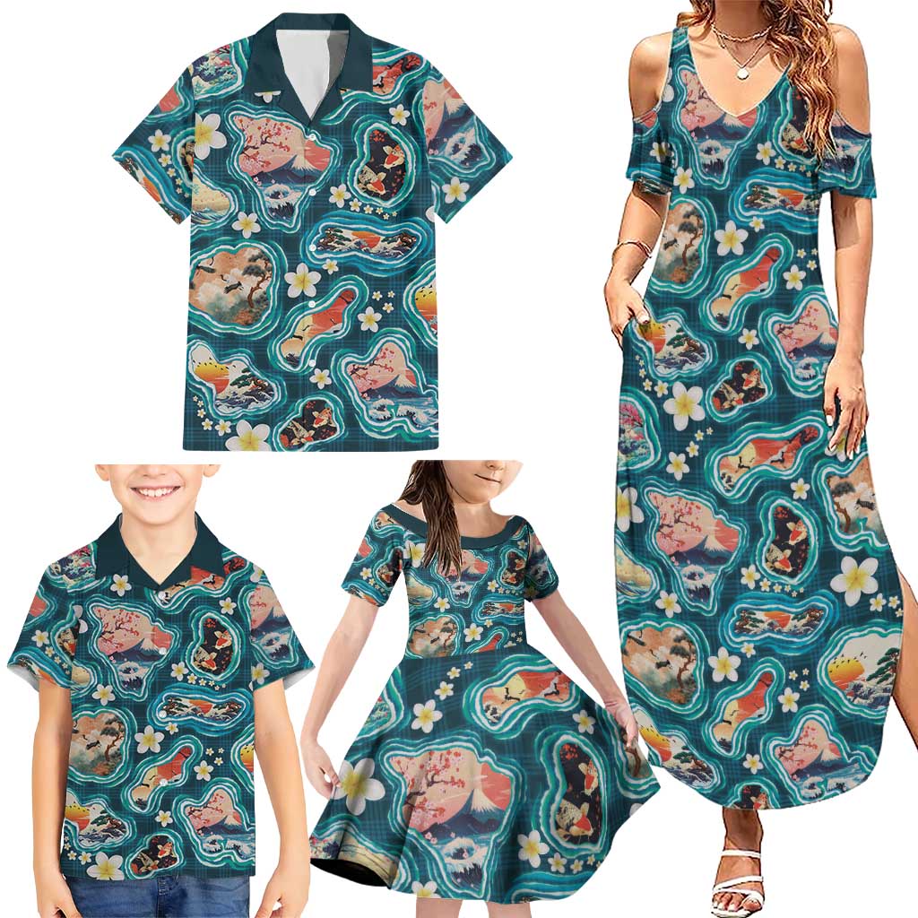 Hawaiian and Japanese Culture Together Family Matching Summer Maxi Dress and Hawaiian Shirt Hawaiian Island Shapes with Japanese Landscape Teal Color