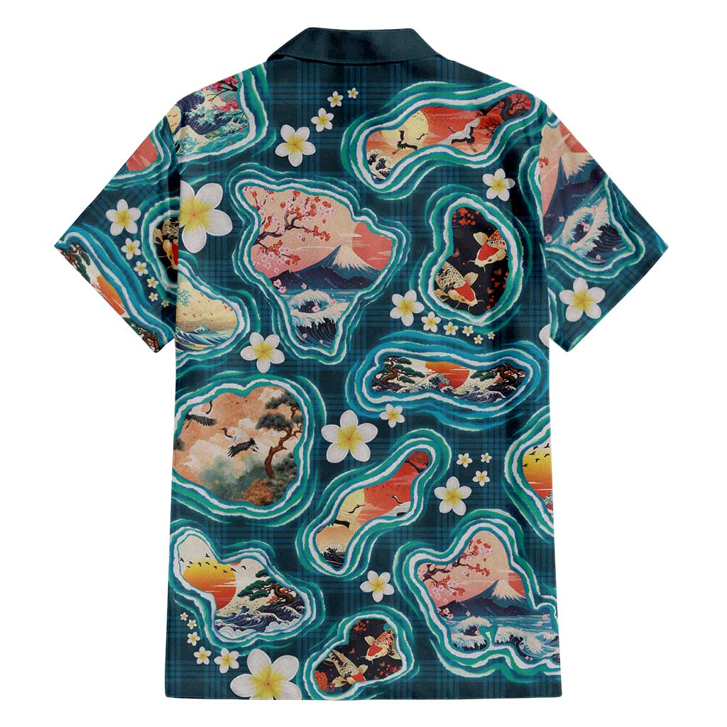 Hawaiian and Japanese Culture Together Family Matching Summer Maxi Dress and Hawaiian Shirt Hawaiian Island Shapes with Japanese Landscape Teal Color