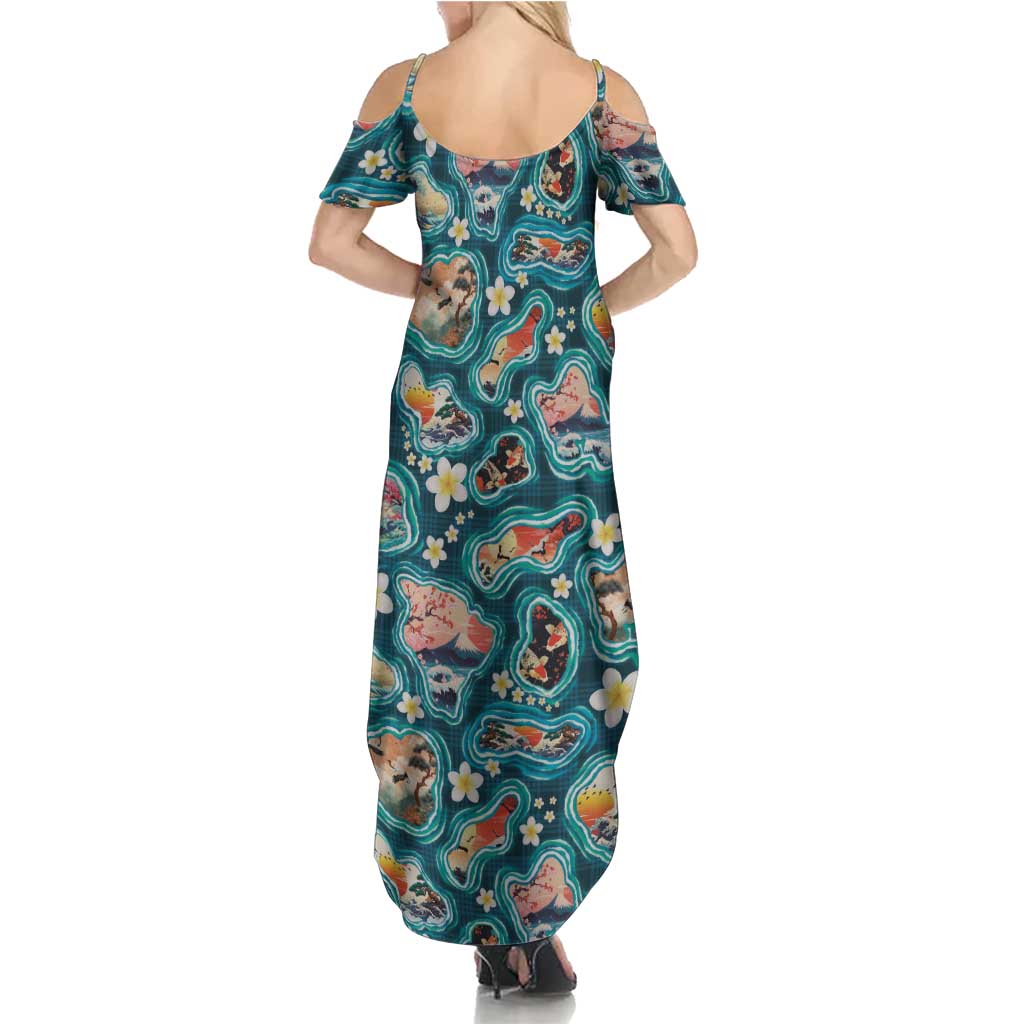 Hawaiian and Japanese Culture Together Family Matching Summer Maxi Dress and Hawaiian Shirt Hawaiian Island Shapes with Japanese Landscape Teal Color