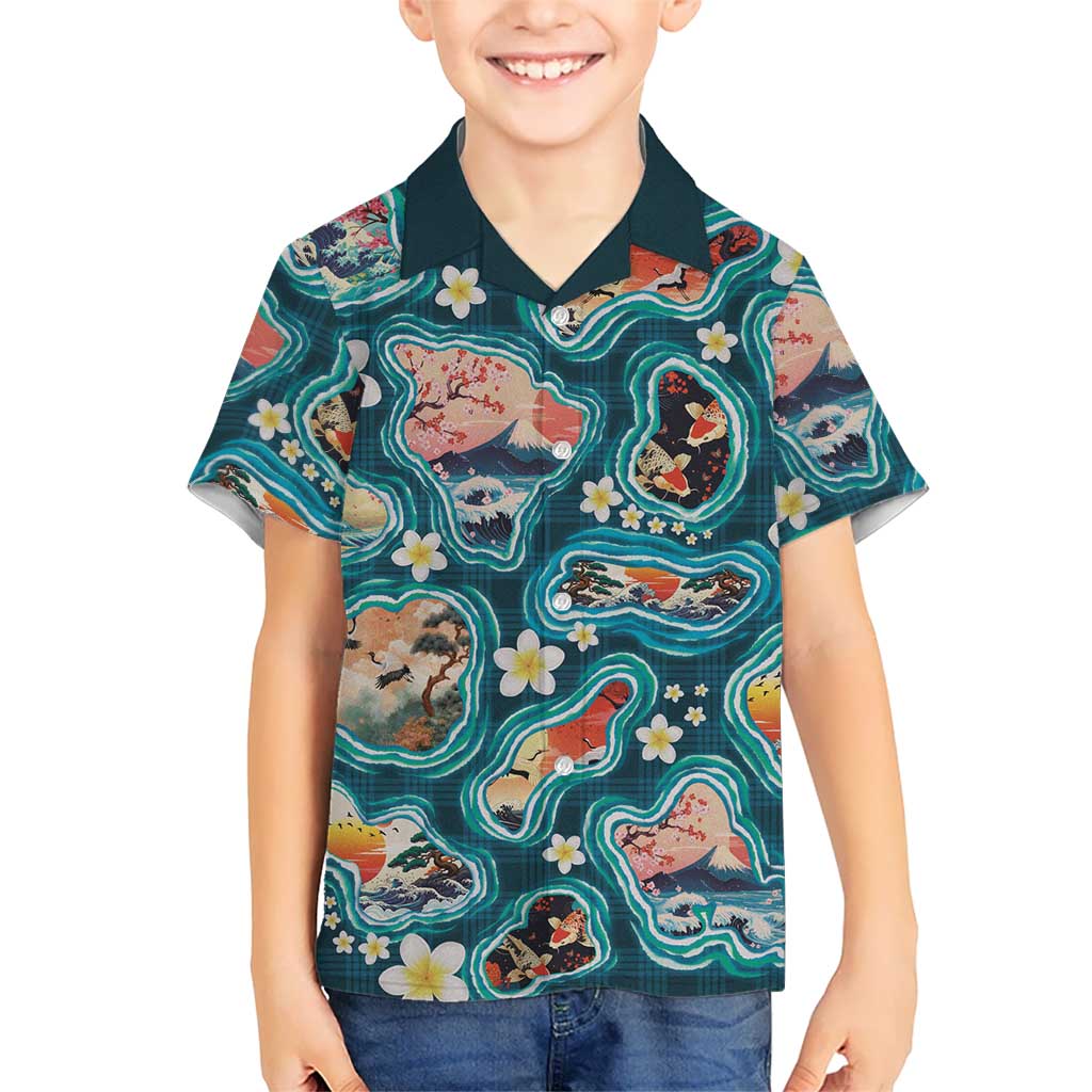 Hawaiian and Japanese Culture Together Family Matching Summer Maxi Dress and Hawaiian Shirt Hawaiian Island Shapes with Japanese Landscape Teal Color