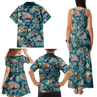 Hawaiian and Japanese Culture Together Family Matching Tank Maxi Dress and Hawaiian Shirt Hawaiian Island Shapes with Japanese Landscape Teal Color