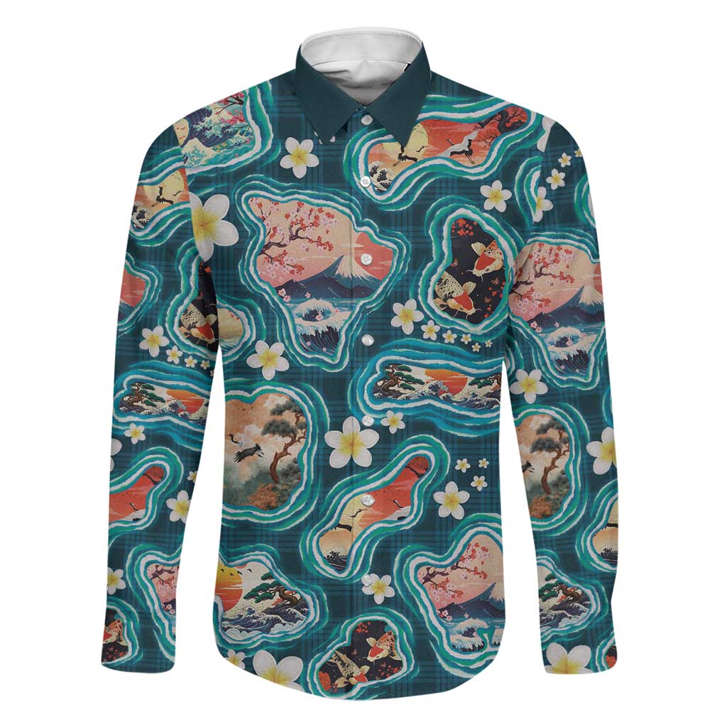 Hawaiian and Japanese Culture Together Family Matching Tank Maxi Dress and Hawaiian Shirt Hawaiian Island Shapes with Japanese Landscape Teal Color