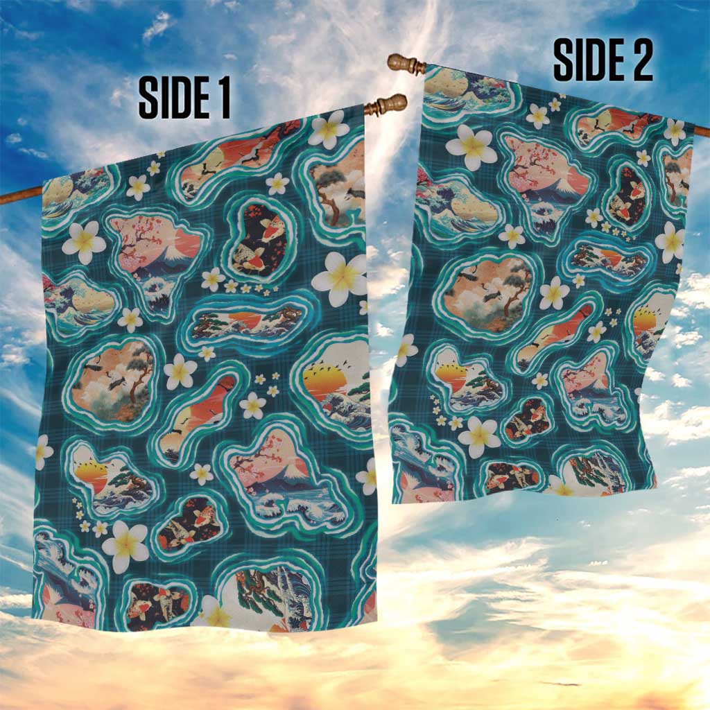 Hawaiian and Japanese Culture Together Garden Flag Hawaiian Island Shapes with Japanese Landscape Teal Color