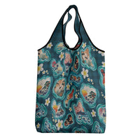 Hawaiian and Japanese Culture Together Grocery Bag Hawaiian Island Shapes with Japanese Landscape Teal Color