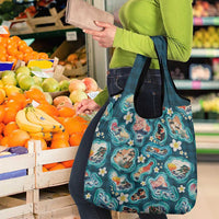 Hawaiian and Japanese Culture Together Grocery Bag Hawaiian Island Shapes with Japanese Landscape Teal Color