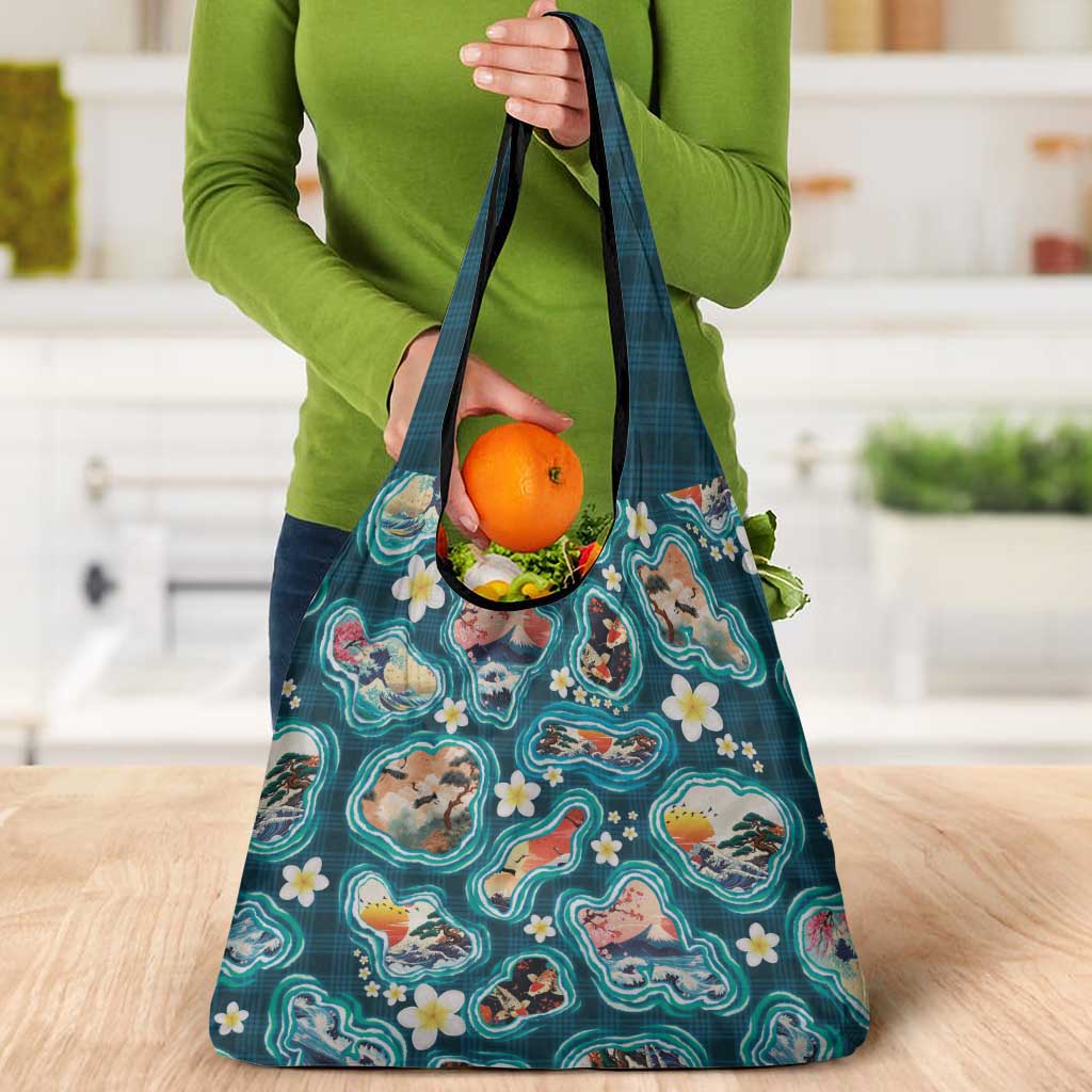 Hawaiian and Japanese Culture Together Grocery Bag Hawaiian Island Shapes with Japanese Landscape Teal Color