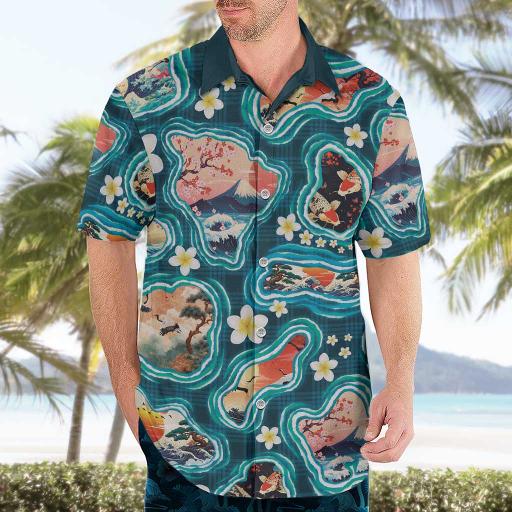 Hawaiian and Japanese Culture Together Hawaiian Shirt Hawaiian Island Shapes with Japanese Landscape Teal Color