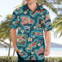Hawaiian and Japanese Culture Together Hawaiian Shirt Hawaiian Island Shapes with Japanese Landscape Teal Color