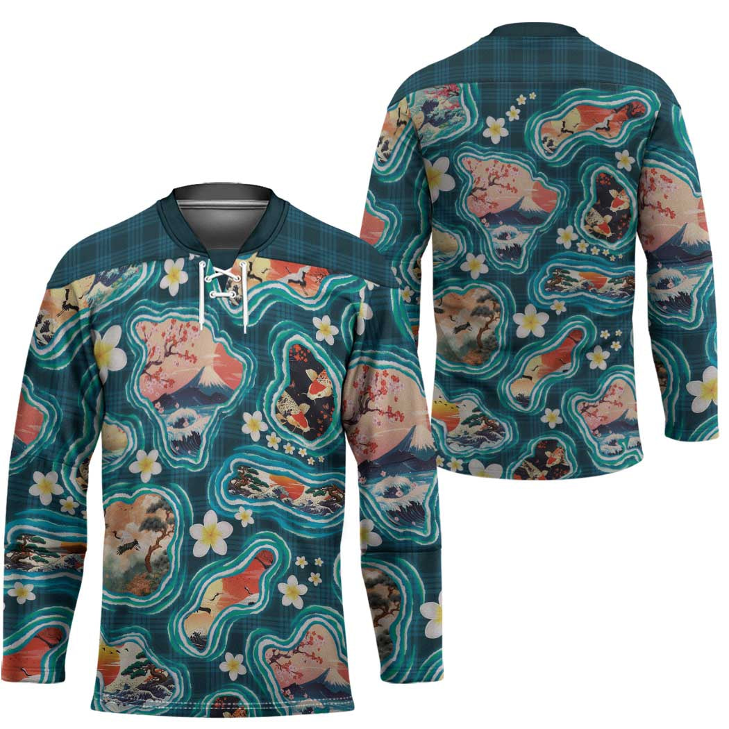 Hawaiian and Japanese Culture Together Hockey Jersey Hawaiian Island Shapes with Japanese Landscape Teal Color