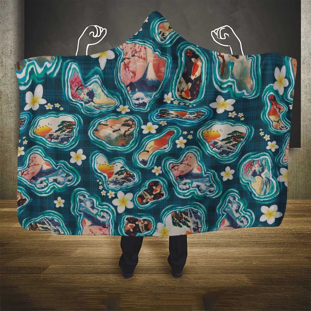 Hawaiian and Japanese Culture Together Hooded Blanket Hawaiian Island Shapes with Japanese Landscape Teal Color