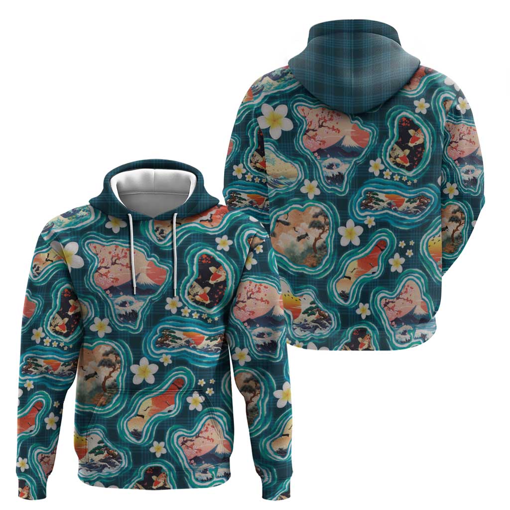 Hawaiian and Japanese Culture Together Hoodie Hawaiian Island Shapes with Japanese Landscape Teal Color