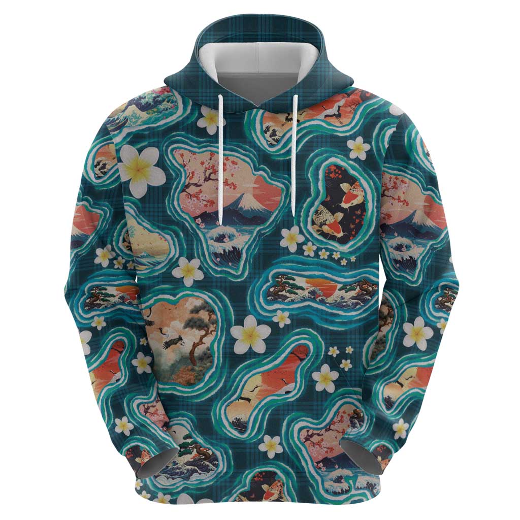 Hawaiian and Japanese Culture Together Hoodie Hawaiian Island Shapes with Japanese Landscape Teal Color