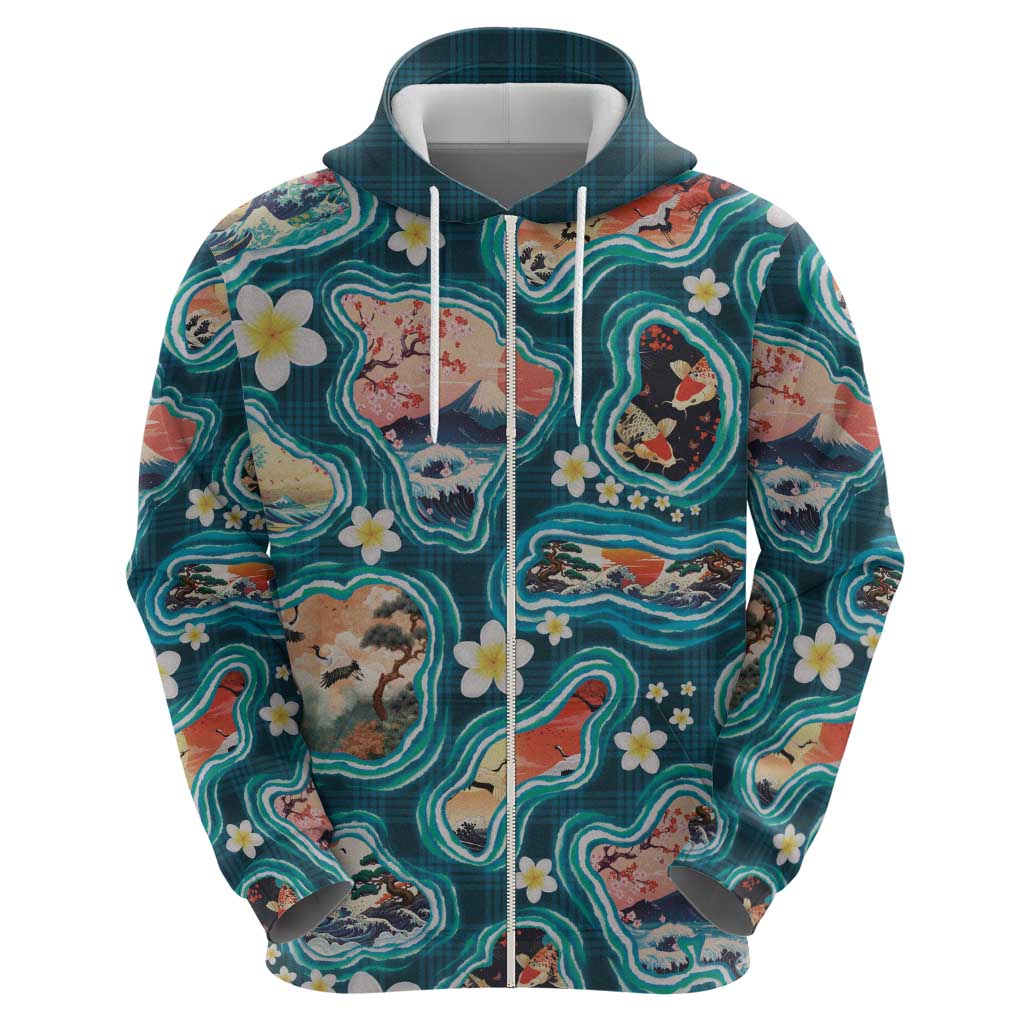 Hawaiian and Japanese Culture Together Hoodie Hawaiian Island Shapes with Japanese Landscape Teal Color