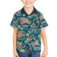 Hawaiian and Japanese Culture Together Kid Hawaiian Shirt Hawaiian Island Shapes with Japanese Landscape Teal Color