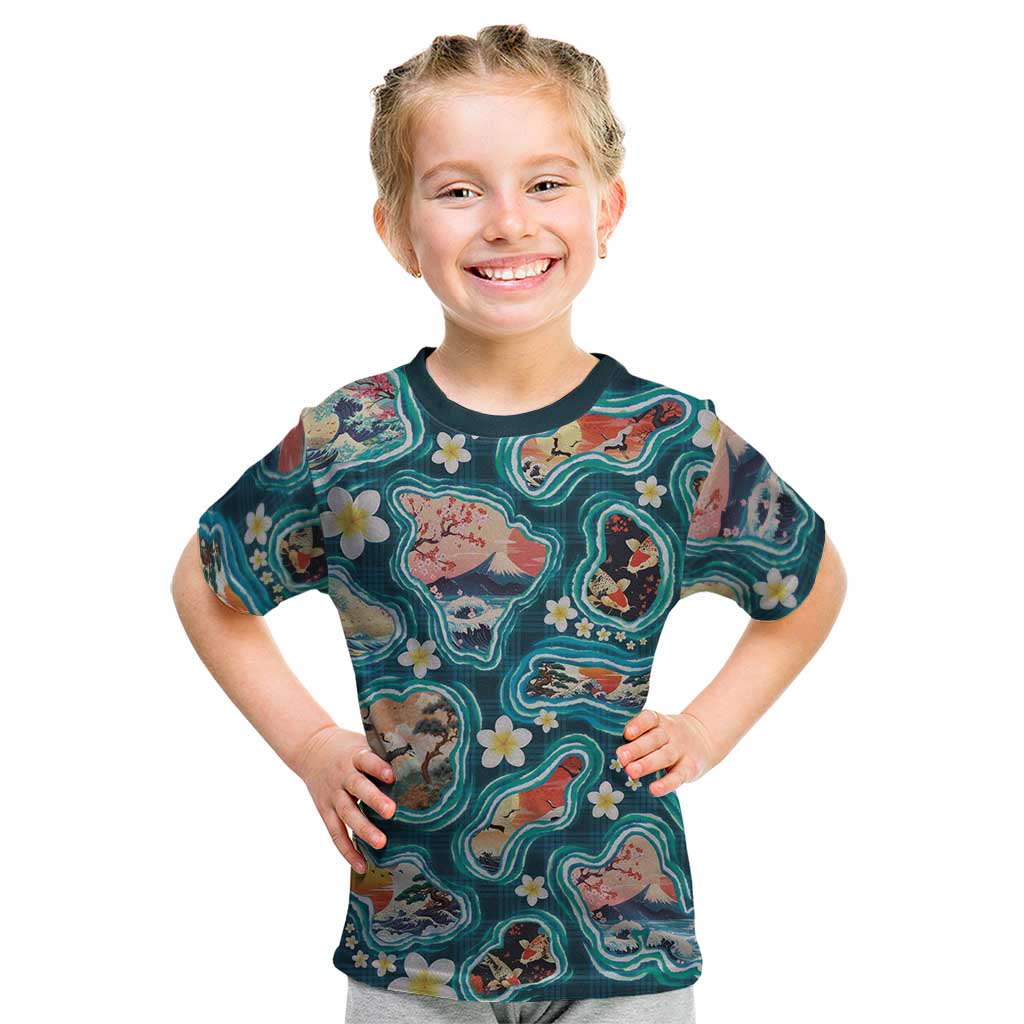Hawaiian and Japanese Culture Together Kid T Shirt Hawaiian Island Shapes with Japanese Landscape Teal Color
