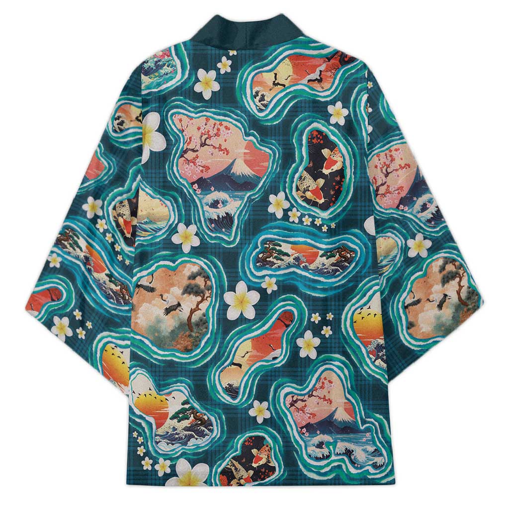 Hawaiian and Japanese Culture Together Kimono Hawaiian Island Shapes with Japanese Landscape Teal Color