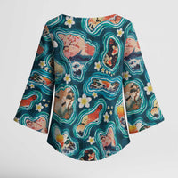 Hawaiian and Japanese Culture Together Kimono Sleeve Blouse Hawaiian Island Shapes with Japanese Landscape Teal Color