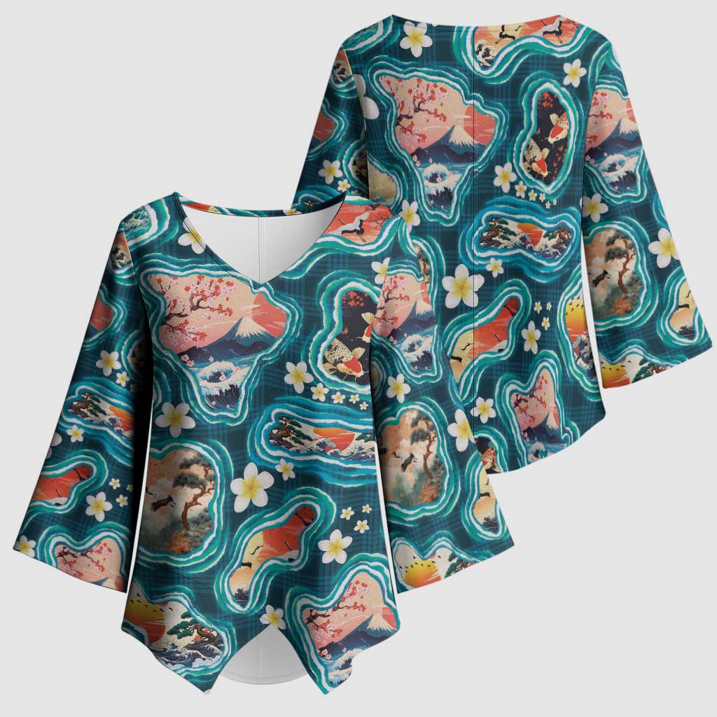 Hawaiian and Japanese Culture Together Kimono Sleeve Blouse Hawaiian Island Shapes with Japanese Landscape Teal Color