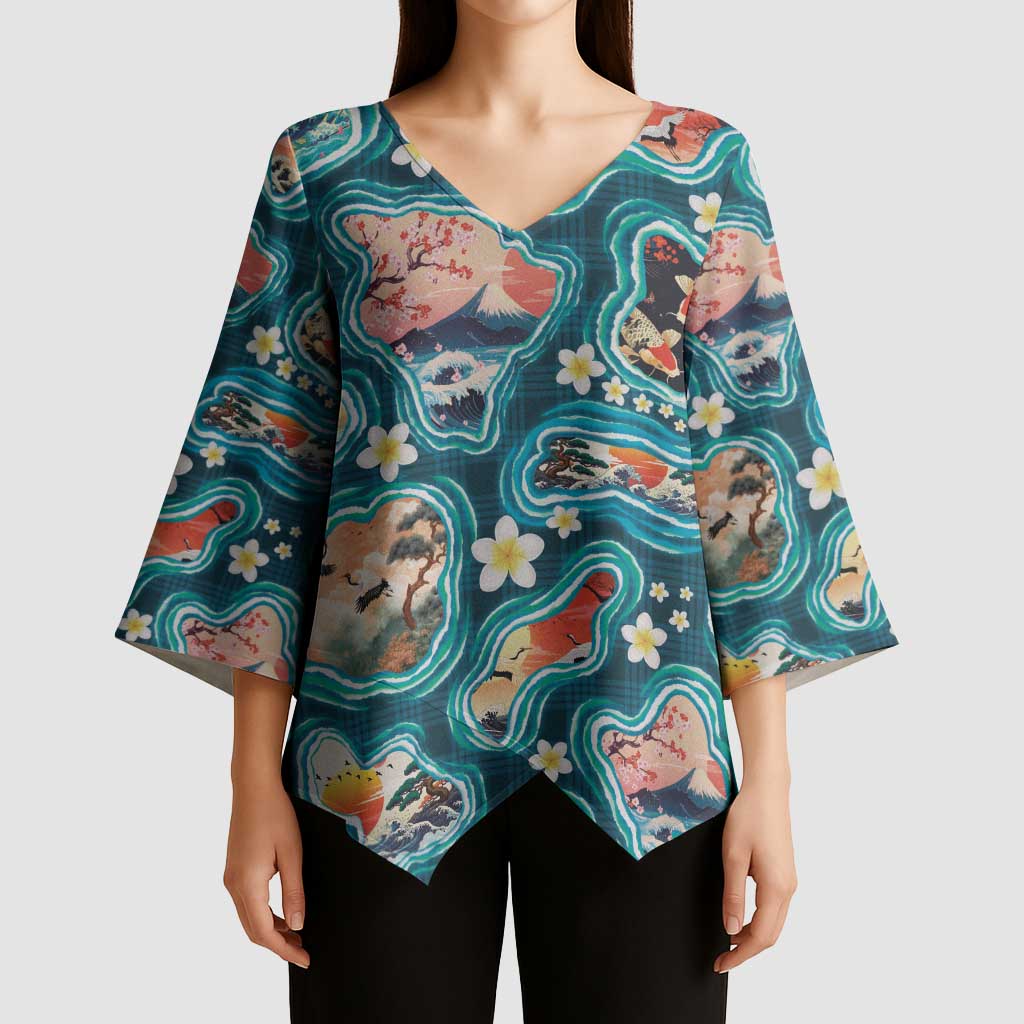Hawaiian and Japanese Culture Together Kimono Sleeve Blouse Hawaiian Island Shapes with Japanese Landscape Teal Color
