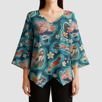 Hawaiian and Japanese Culture Together Kimono Sleeve Blouse Hawaiian Island Shapes with Japanese Landscape Teal Color