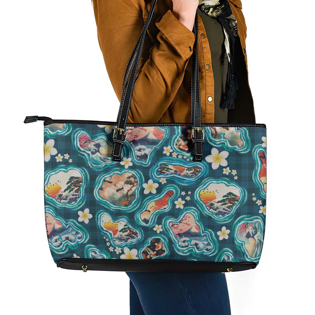 Hawaiian and Japanese Culture Together Leather Tote Bag Hawaiian Island Shapes with Japanese Landscape Teal Color