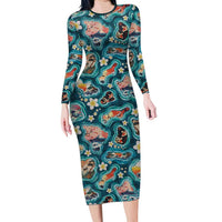 Hawaiian and Japanese Culture Together Long Sleeve Bodycon Dress Hawaiian Island Shapes with Japanese Landscape Teal Color