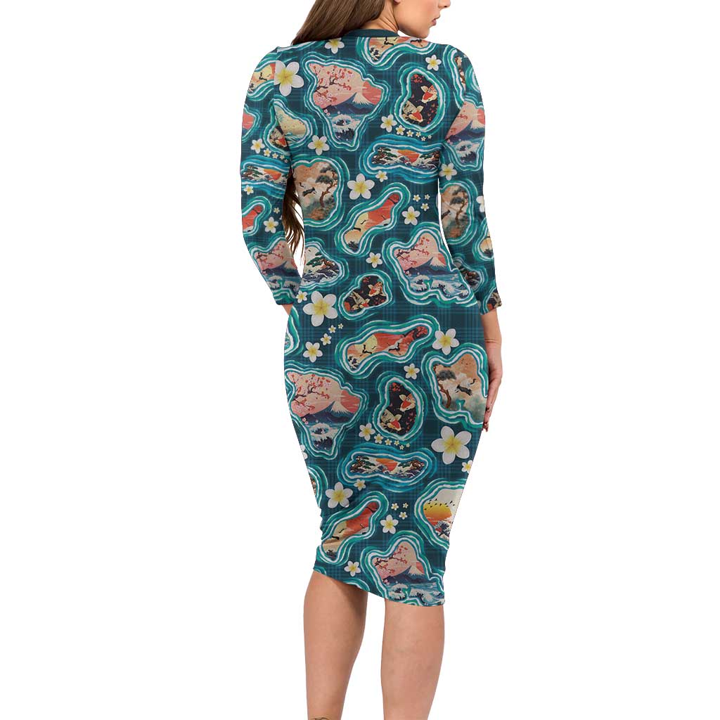 Hawaiian and Japanese Culture Together Long Sleeve Bodycon Dress Hawaiian Island Shapes with Japanese Landscape Teal Color