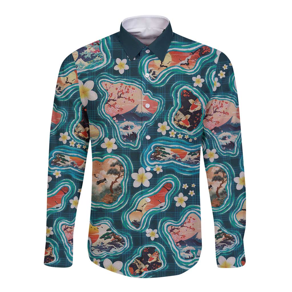 Hawaiian and Japanese Culture Together Long Sleeve Button Shirt Hawaiian Island Shapes with Japanese Landscape Teal Color