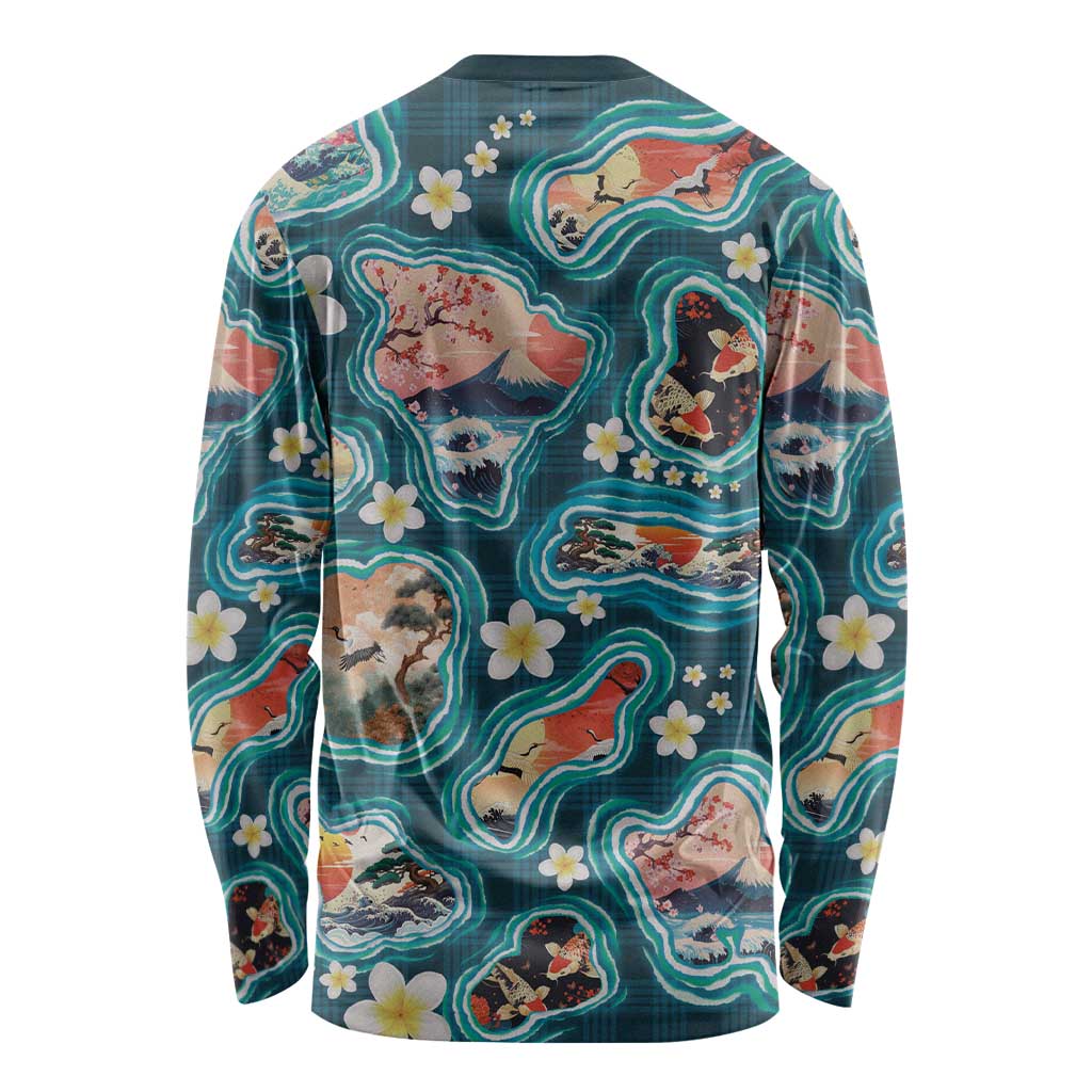 Hawaiian and Japanese Culture Together Long Sleeve Shirt Hawaiian Island Shapes with Japanese Landscape Teal Color