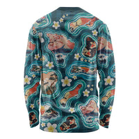 Hawaiian and Japanese Culture Together Long Sleeve Shirt Hawaiian Island Shapes with Japanese Landscape Teal Color