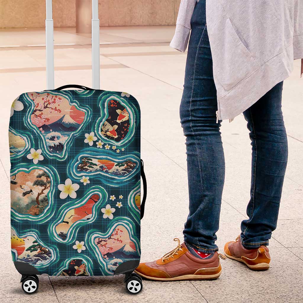 Hawaiian and Japanese Culture Together Luggage Cover Hawaiian Island Shapes with Japanese Landscape Teal Color