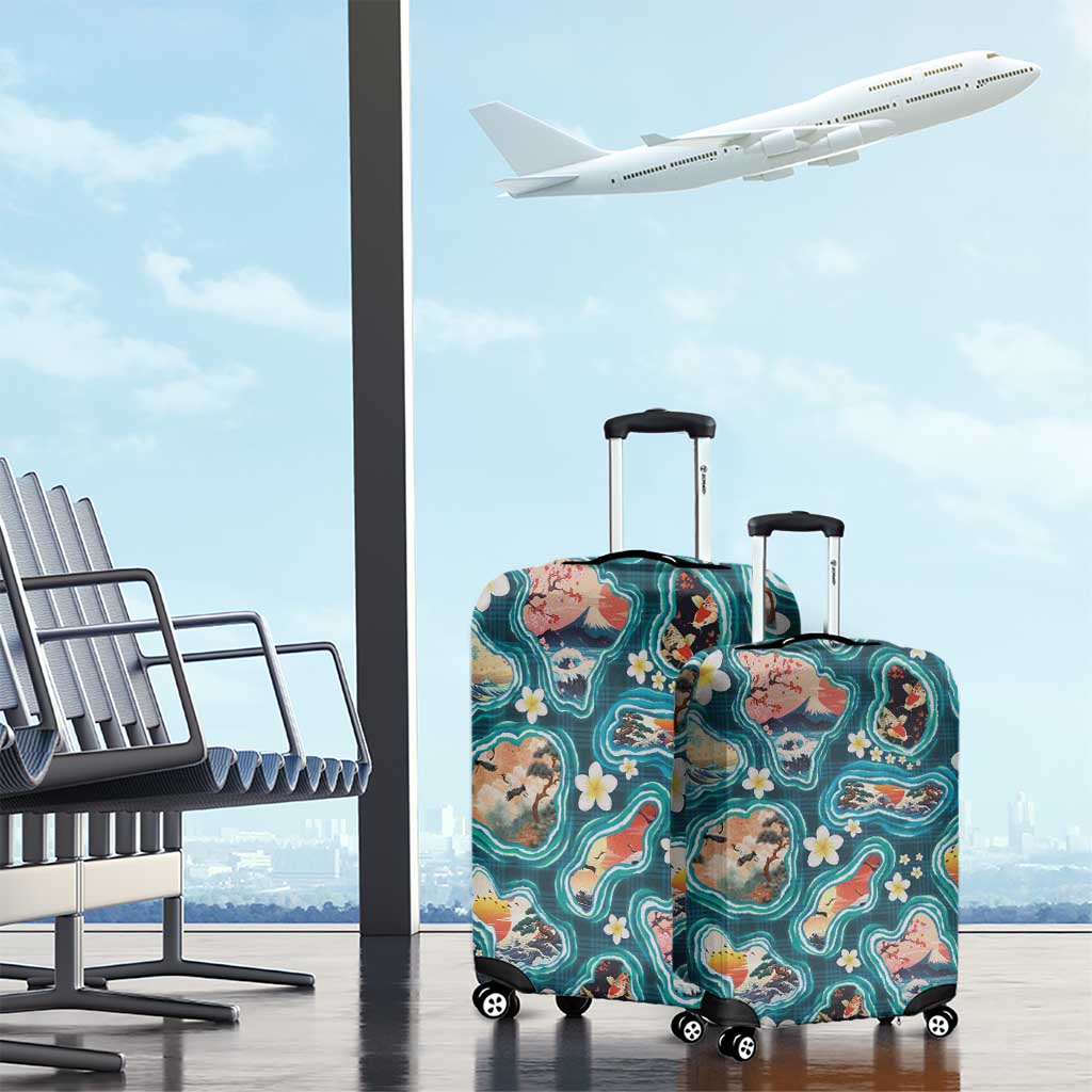 Hawaiian and Japanese Culture Together Luggage Cover Hawaiian Island Shapes with Japanese Landscape Teal Color