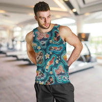 Hawaiian and Japanese Culture Together Men Tank Top Hawaiian Island Shapes with Japanese Landscape Teal Color