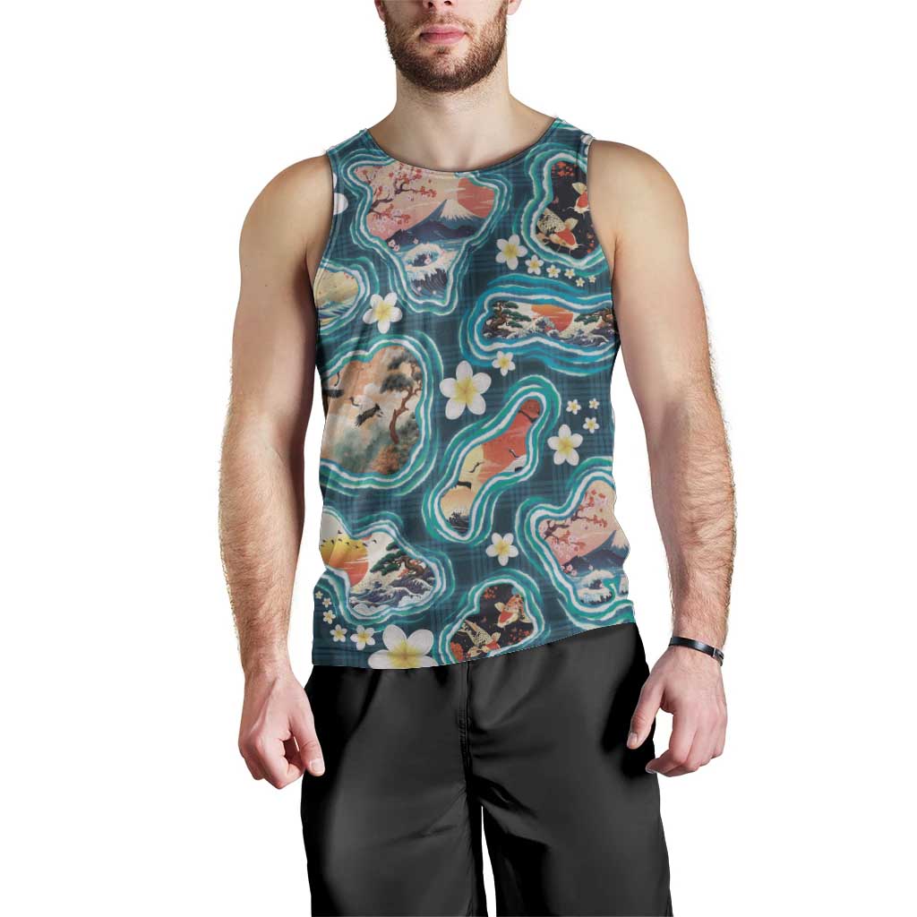 Hawaiian and Japanese Culture Together Men Tank Top Hawaiian Island Shapes with Japanese Landscape Teal Color