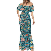 Hawaiian and Japanese Culture Together Mermaid Dress Hawaiian Island Shapes with Japanese Landscape Teal Color