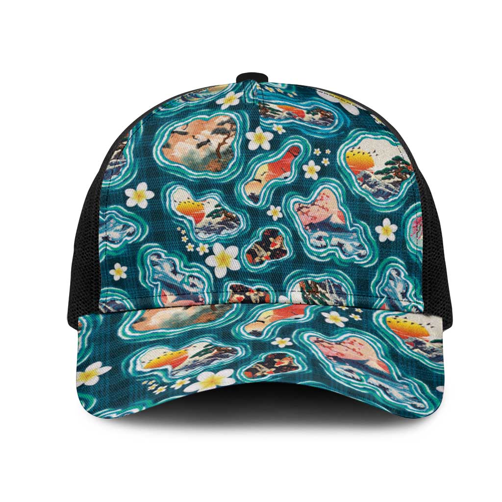 Hawaiian and Japanese Culture Together Mesh Trucker Cap Hawaiian Island Shapes with Japanese Landscape Teal Color