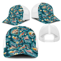 Hawaiian and Japanese Culture Together Mesh Trucker Cap Hawaiian Island Shapes with Japanese Landscape Teal Color