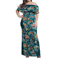 Hawaiian and Japanese Culture Together Off Shoulder Maxi Dress Hawaiian Island Shapes with Japanese Landscape Teal Color