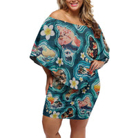 Hawaiian and Japanese Culture Together Off Shoulder Short Dress Hawaiian Island Shapes with Japanese Landscape Teal Color